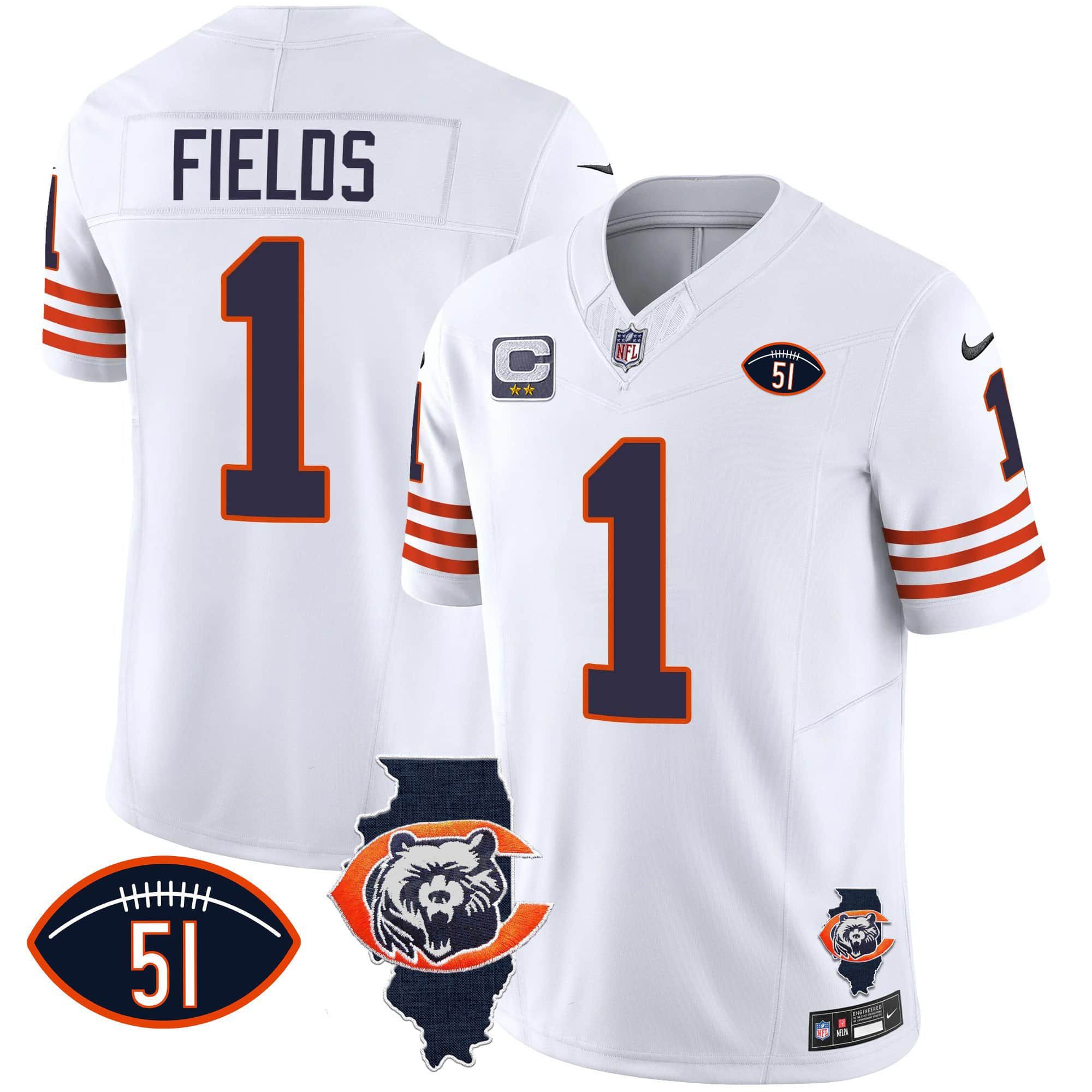 Men Chicago Bears #1 Fields White 2024 Nike Throwback Illinois Patch Vapor NFL Jersey
